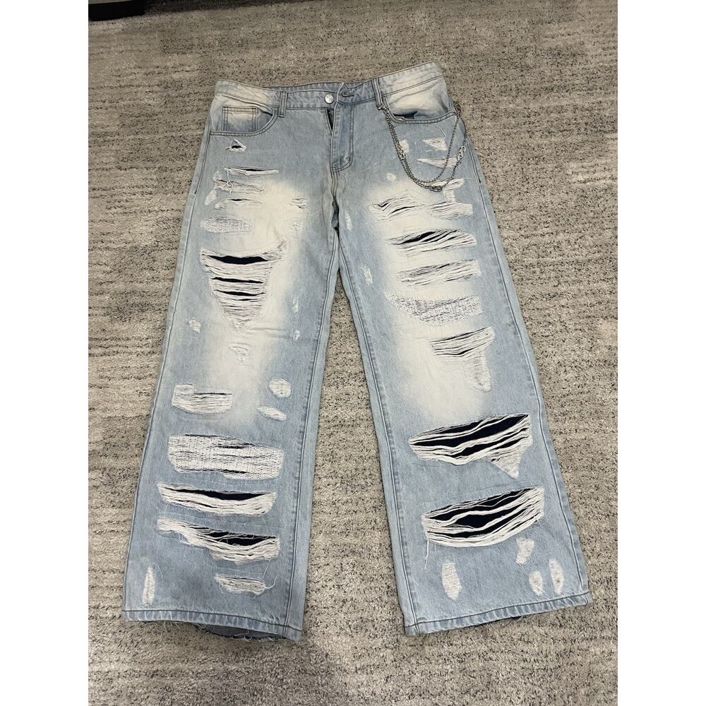 WNTD Apparel Distressed Light Wash Jeans Size 36 Chain Wide Leg Streetwear